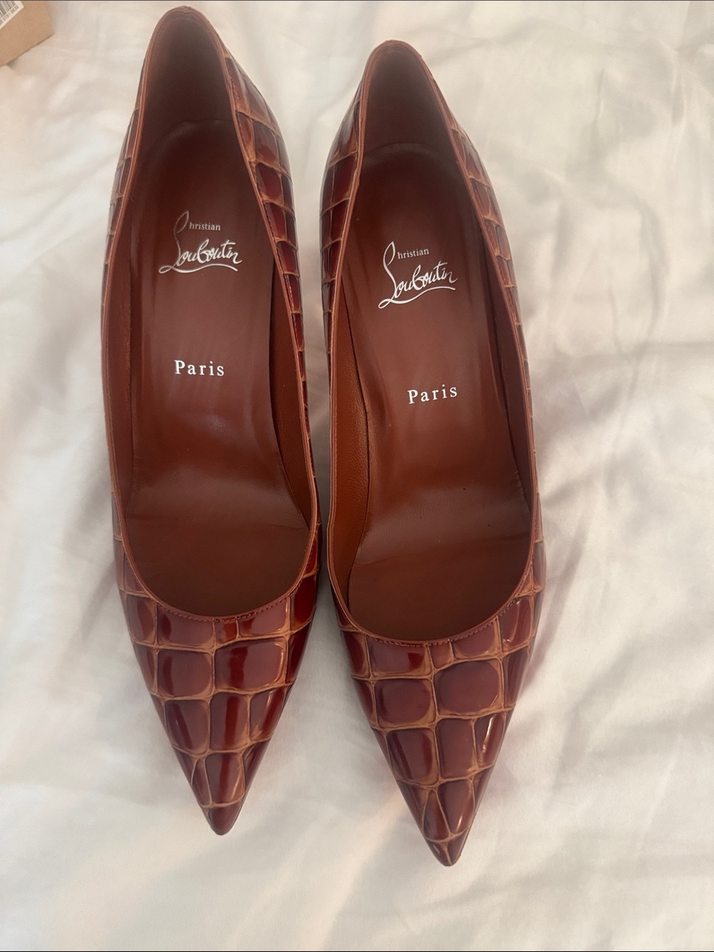 Christian Louboutin Brown Croc-Embossed Patent Leather Pumps - Picture 2 of 8